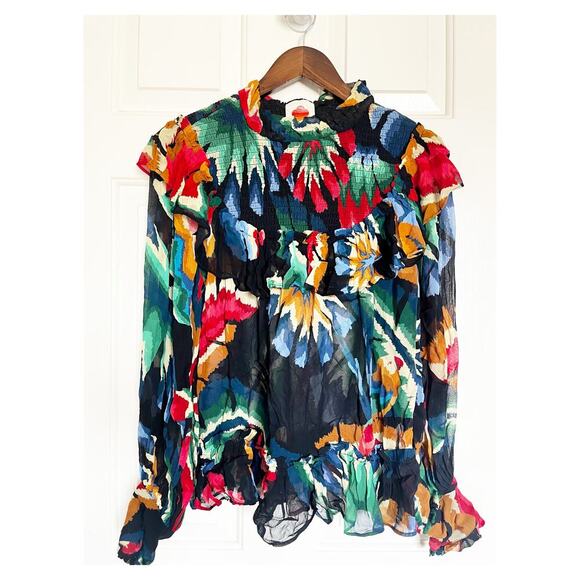 Farm Rio Chevron Tropical Forest Smocked Long Sleeve Blouse Black Small - Picture 2 of 10